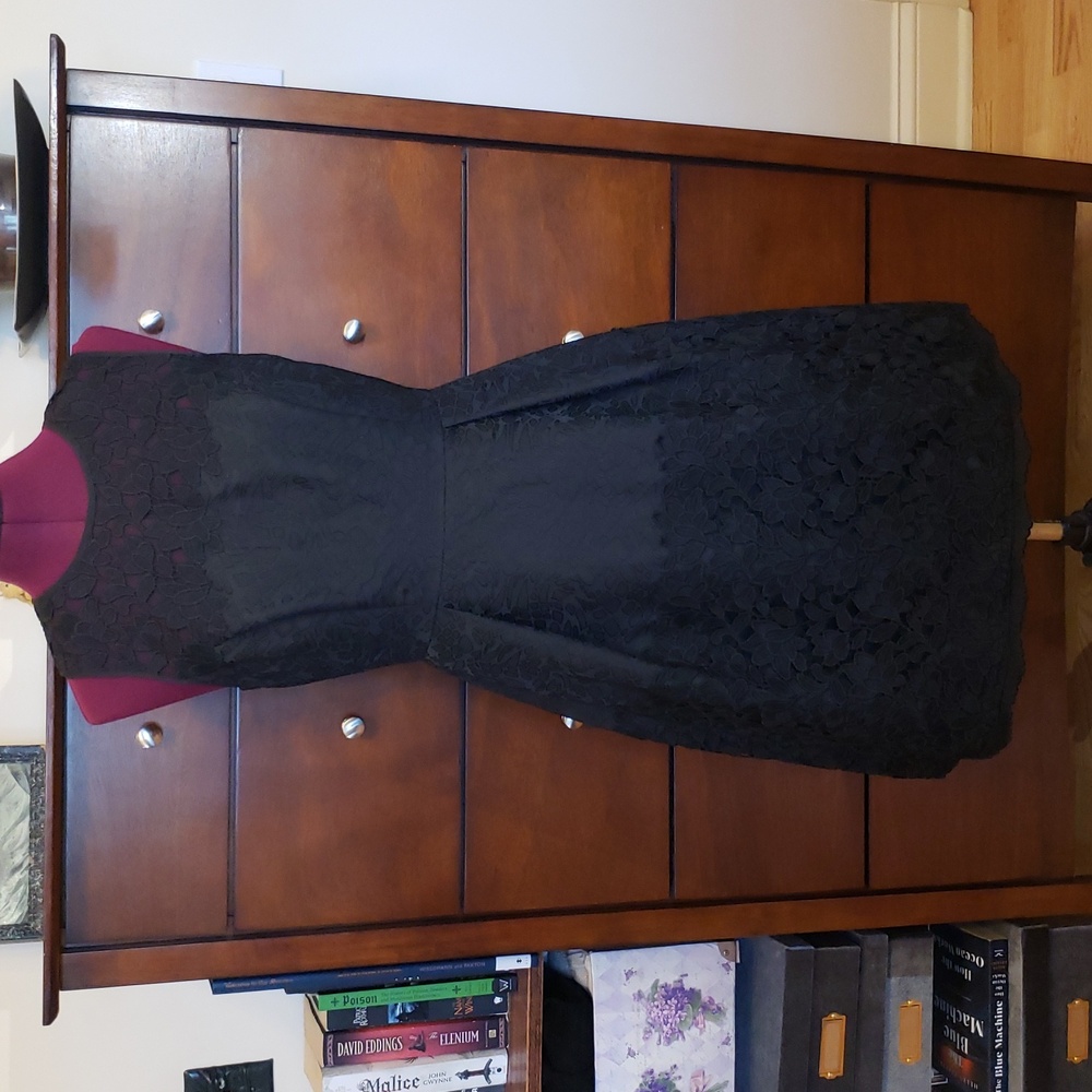 WHBM Fit & Flare Solid Black Illusion Floral Lace Cocktail Dress w/Pockets!Size2